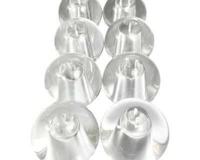 Oleg Cassini glass orb salt and pepper shakers. Set of of 4, each set is one salt and pepper. Four sets are included in the price. Background on Cassini, he was a Russian-Italian fashion designer, best known as the "Couturier to Camelot" for his collaboration with First Lady Jacqueline Kennedy. He established his reputation designing for Hollywood, and later created the iconic "Jackie Look,". D...