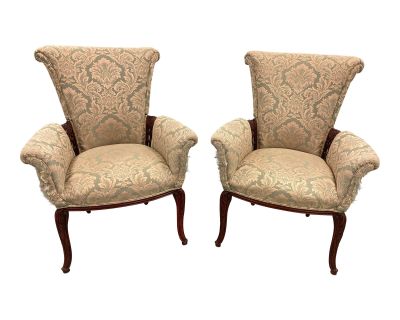 Early 20th Century Grosfeld House Scroll Back Arm Chairs - a Pair