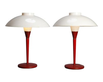 1960s Italian Mid-Century Red Metal and Original Acrylic Table Lamps - a Pair