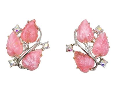 Vintage Rhodium Plated Pink Tutti Frutti Leaf With Aurora Borealis Clip Earrings- 2 Pieces