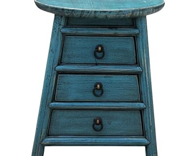 Chinese Distressed Light Blue Round Top Drawers Wood Stool Table