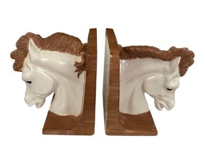 Vintage 1950s Ceramic Horse Equestrian Bookends- Set of 2
