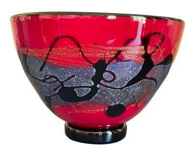 2000s Blown Art Glass Bowl by Michael Nourot in Red and Black With Blue and Gold Embellishments and Iridescent Gold Interior