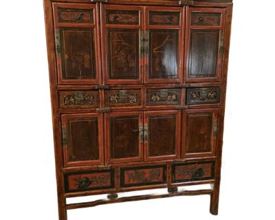 Large Red Asian Storage Cabinet With Red Finish