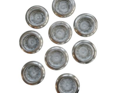 Vintage Labem Depression Glass & Sterling Silver Drink Cocktail Coasters for Barware - Set of 9