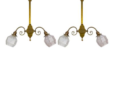 Arts & Crafts 2-Light Brass Chandeliers With Faceted Glass Shades - a Pair