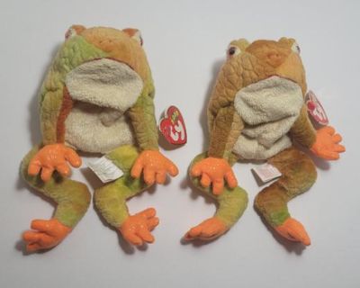 TWO Ty Beanie Prince Frog Plush 13" Soft Toy Orange Green Stuffed Animal