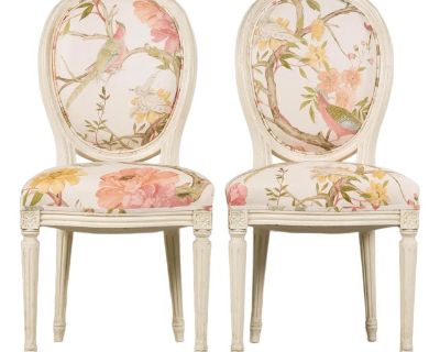Antique French Louis XVI Style Painted Side Chairs in Pink Chinoiseries Fabric - A Pair
