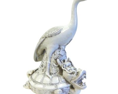 Handmade Chinese Off White Porcelain Crane on Dragon Turtle Figure