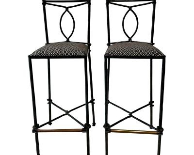 Pair of Vintage Giacometti Style Wrought Iron & Brass Bar Stools