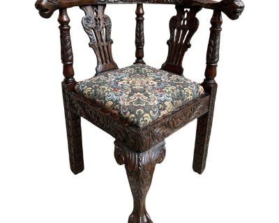 Antique English Corner Arm Chair Carved Oak Renaissance Floral Upholstery