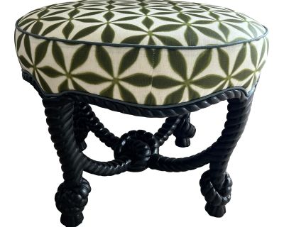 Vintage Italian Glossy Black Painted Rope Ottoman With Jasper Green Star Textile With Blue Welting