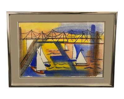 "Sailing by the Bridge" Marine Landscape Watercolor by Paul Emig
