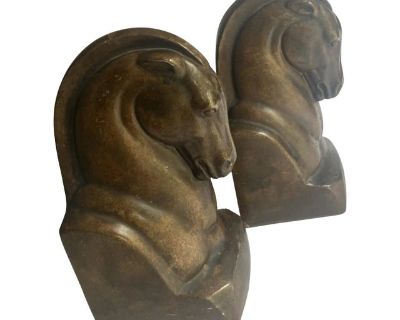 Mid Century Cubist Style Ceramic Equestrian Horse Head Bookends, a Pair