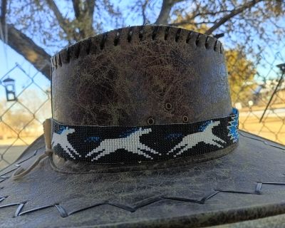 Hand beaded hat bands I have 2 up for grabs both will be $70 each . The Horse one is 23 1/2 Inches Long and 1 1/4 inches wide. The Turtle one is 23 1/2 inches Long and 1 1/2 inches wide. If you are interested or want more info please text me @785 302 0596. Thanks for looking and I hope you have a wonderful day/night.