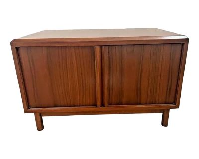 1960s Mid Century Modern Magazine Record Cabinet Coffee Table Push Double Doors