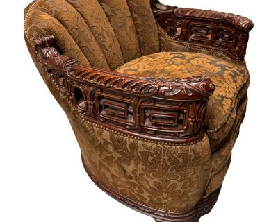 1920s Victorian Barrel Back Armchair With Carved Frame & Damask Upholstery