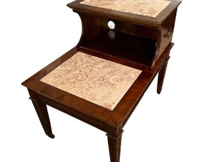 Mid-Century Walnut & Portuguese Marble Two-Tier Table With Brass Casters, C. 1960s