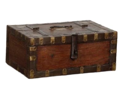 Antique Indian Teakwood Brass and Iron Strapped Small Chest