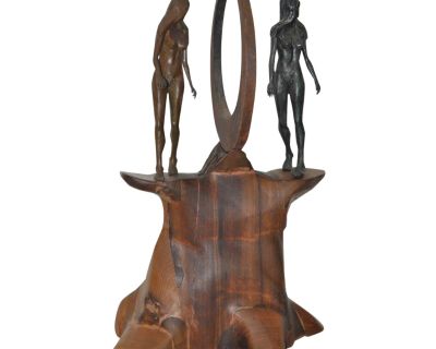 Vintage Figural Nude Bronze, Wrought Iron & Wood Sculpture C.1960s to 1970s