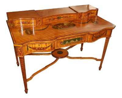 19th Century English Paint Decorated Adam Style Satinwood Writing Table Desk Dimensions : 50" Wide X 26" Deep X 34.5" Tall This stunning desk was made in England in the late 19th Century and has incredible Adam Style paintings and is made in a beautiful satinwood! The desk is in great antique condition and the quality can't be beat!. Dimensions 50 W 26 D 34.5 H Styles English Table Knee Clearan...