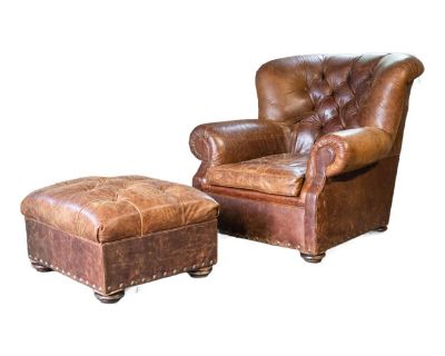 Restoration Hardware Churchill Cigar Leather Writer's Chair and Ottoman