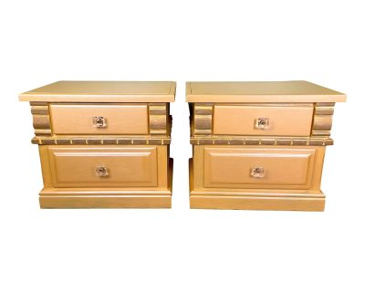 Modern 80s Gold Wood Nightstands Lucite Pulls - Pair of 2