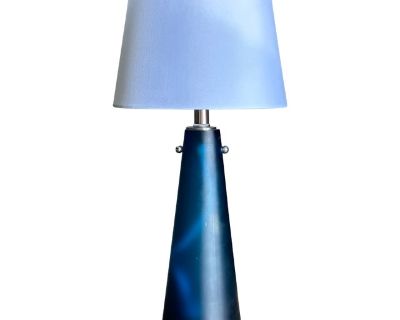 An unusual matte blue glass lamp from Europe circa 1960s. Lamp had quite unusual hardware when acquired including an odd harp structure most commonly seen on Austrian lamps. We had the lamp rewired and hardware replaced to better meet modern needs and US shades. Great form with influences from Gio Ponti and Fontana Arte along with JT Kalmar. Overall: 20 tall 10 wide Without shade: 16.5 tall 4.7...