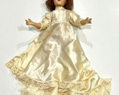 ANTIQUE GIRL DOLL - 21" - SATIN DRESS - EYES OPEN & CLOSE