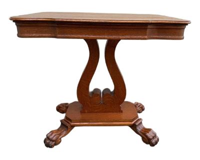 Antique Empire Style Tiger Oak Lyric Base Claw Feet Console Table