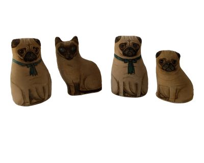 Set of Four Mid 20th Century M. Penny Felted Pug Dogs With a Cat