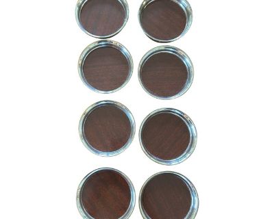 Mid-Century Modern Drink Coasters Round Formica Wood Laminate Silver Patina Trim- Set of 8