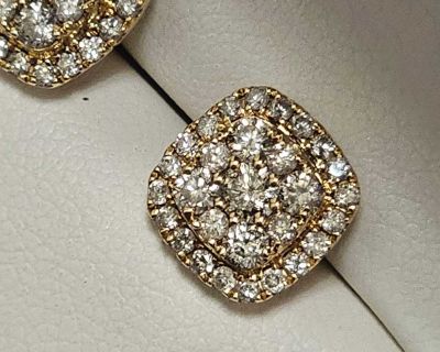 cluster stud of 1 carat TW of round brilliant diamonds set in 10kt yellow gold,