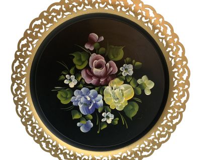 Vintage Hand-Painted Tole Tray W Filigree Brass Rim