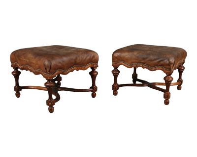 Mid-Century French Style Carved Fruitwood Leather Ottomans or Stools - Pair