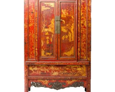 A Chinoiserie Red Lacquered Wardrobe, 19th C.
