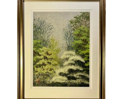1990s Vintage Obara-Washi Japanese Landscape Paper Art Painting Signed, Framed