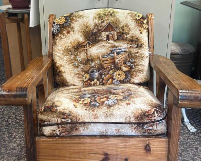 Vintage Wooden Arm Chair & Ottoman Set