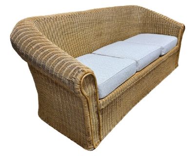 This is a great vintage boho wicker sofa that has been freshly upholstered in Thibaut indoor outdoor performance fabric from their new collection. Sort of a creamy gray off white color with a deometric pattern. We also have the matching chairs!. Dimensions 84 W 36 D 33 H Styles Boho Chic Coastal Arm Height 25.0 in Seat Interior Depth 25.0 in Seat Height 19.5 in Seat Interior Width 71.0 in Numbe...