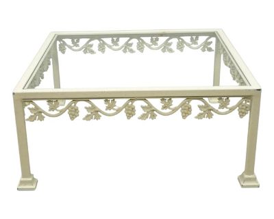 Vintage Woodard Style White Wrought Iron "Grapevine" Square Glass Top Coffee Table. Circa Mid 20th Century. Measurements: 16.5" H x 38" W x 38" D. Top 36.75" x 36.75".. Dimensions 38 W 38 D 16.5 H Styles Victorian Table Shape Rectangle Period Mid 20th Century Item Type Vintage, Antique or Pre-owned Shop Sustainably with Chairish Materials Glass Iron Condition Good Condition, Original Condition ...