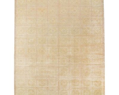 Vintage Khotan Allover Design Botanical Gold Ivory Wool/Silk Hand Knotted Low Pile Rug - 11’3” X 13’3”