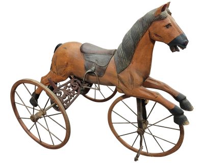 Early 1900s Antique, Turn of the Century, Hand Carved Wood Hobby Horse Wooden Tricycle