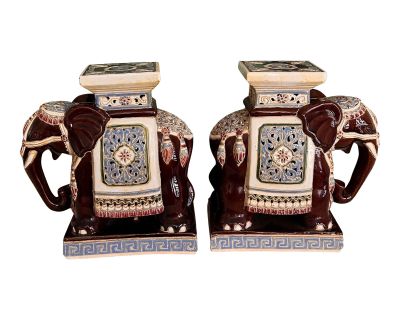 Pair of Mid 20th Century Ceramic Chinoiserie Elephant Plant Stands