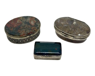 3 Antique Victorian Snuff or Trinket Boxes with Banded and Moss Agate