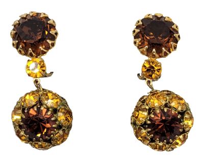 Vintage Signed Hattie Carnegie Faux-Citrine & Faux-Topaz Drop Clip Earrings- 2 Pieces