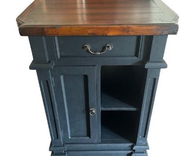 Bramble Solid Wood Distressed Black With Brown Top Kitchen Island or Bar Cabinet on Wheels