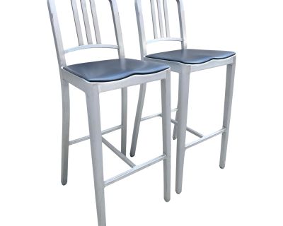 Pair of Emeco 1006 Navy Bar Stools With Grey Seat Pad