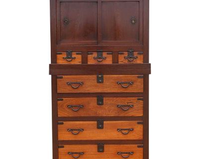 Tall Antique Japanese Mixed Wood Tansu Cabinet