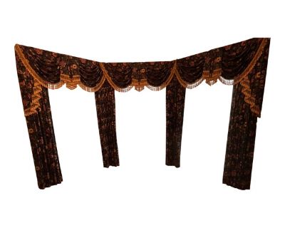 This beautifully crafted custom window treatment is designed for a bay window and is ideal for a formal living or dining room. The set features a rich, deep navy background adorned with a vibrant, natural-hued floral and gold foliage pattern, bringing timeless elegance and warmth to any space. Valance: The decorative waterfall valance is made from the same luxurious floral fabric and is finishe...