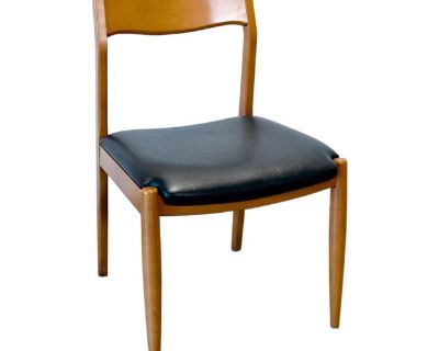 Dimensions: 21 L x 22 D x 32 3/4 H Seat Height 18 3/4 Origin: Lexington, North Carolina, USA Designer: Unknown Manufacturer: United Furniture Corporation Year: 1963-1964 Materials: Cherry, Vinyl (faux leather) Details: Professionally restored and reupholstered in black vinyl! United Furniture made some highly sought after lines of American MCM. Cherry is quite uncommon in MCM furniture, with Am...